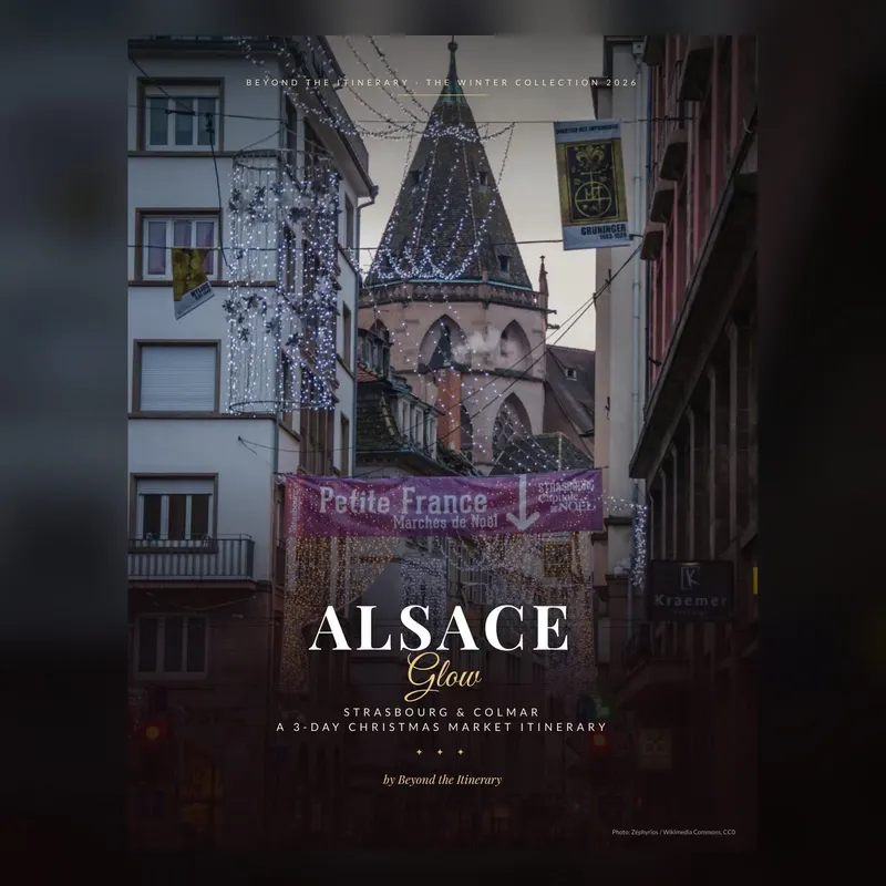 Alsace Glow guide cover: Christmas lights on a Strasbourg street