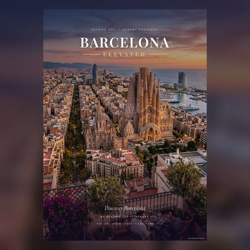 Barcelona Elevated guide cover: aerial view of Barcelona and the Sagrada Família at sunset