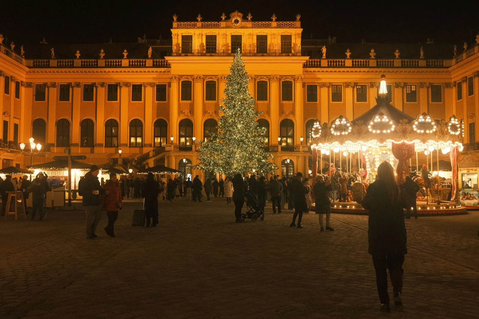 Christmas market huts and a lit tree in front of Schönbrunn Palace at night