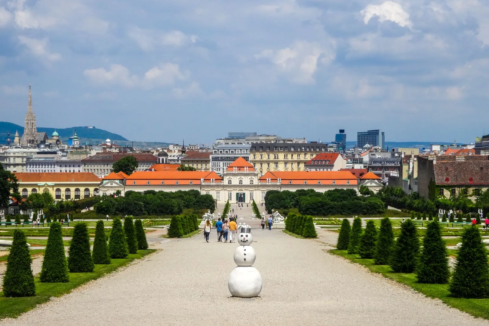 Snowman in the snowy formal gardens of Belvedere Palace in Vienna
