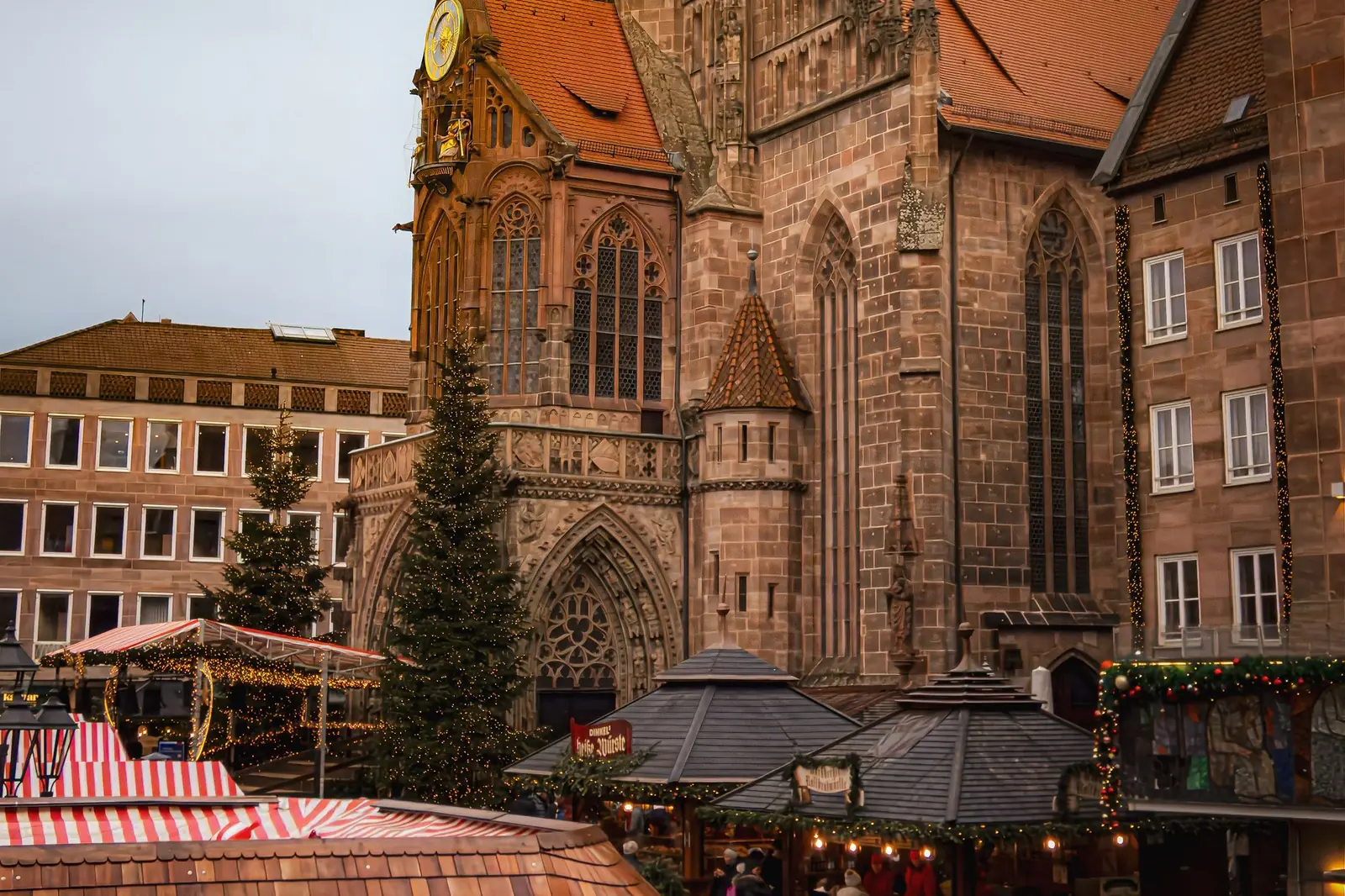 Christmas market stalls in front of the Frauenkirche church in Nuremberg