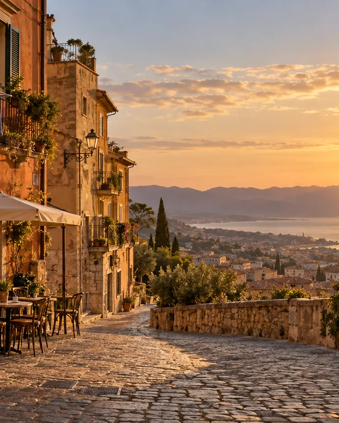 Sunlit European old-town street at golden hour, the kind of city covered in our travel itineraries