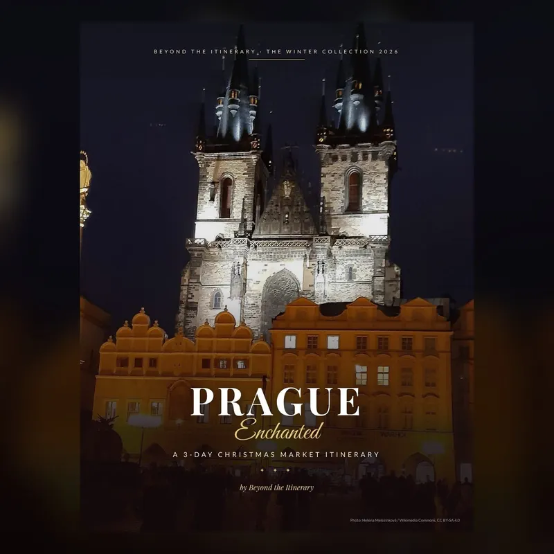 Prague Enchanted guide cover: Tyn Church lit up over Old Town Square at night